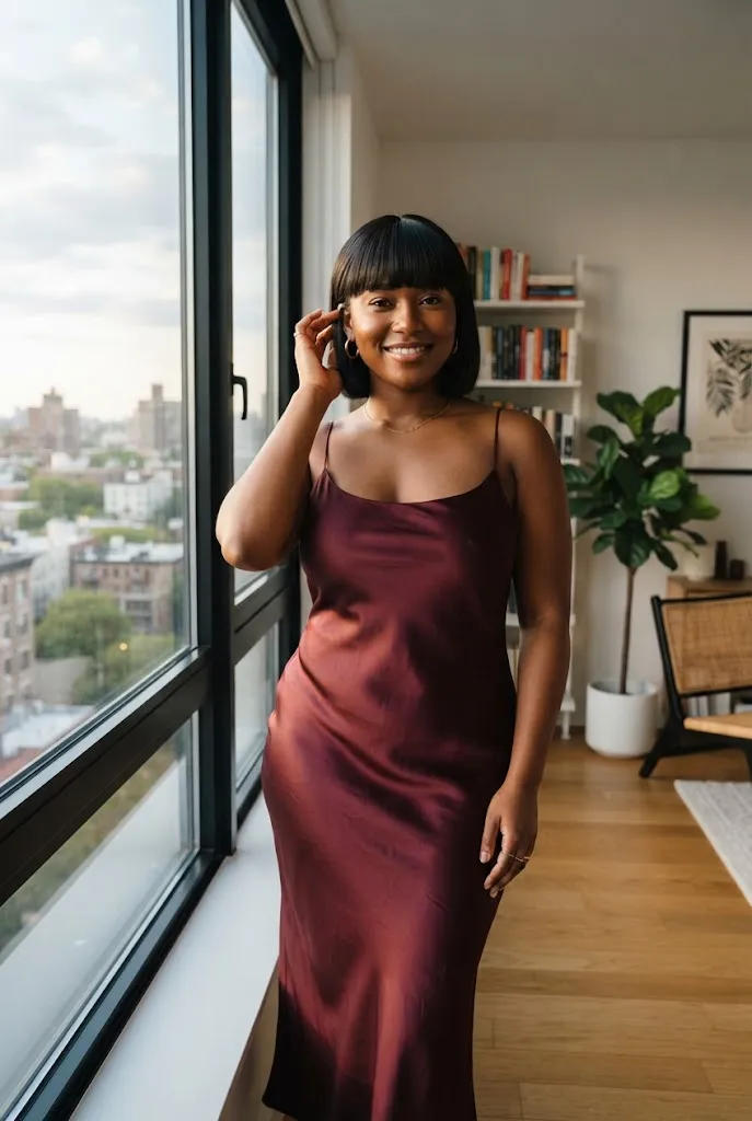 Curvy woman in a wine satin slip dress for a date night look