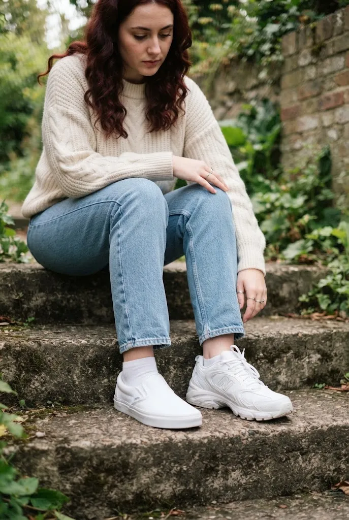 20 year old comparing slip on sneakers and chunky sneakers for college outfits