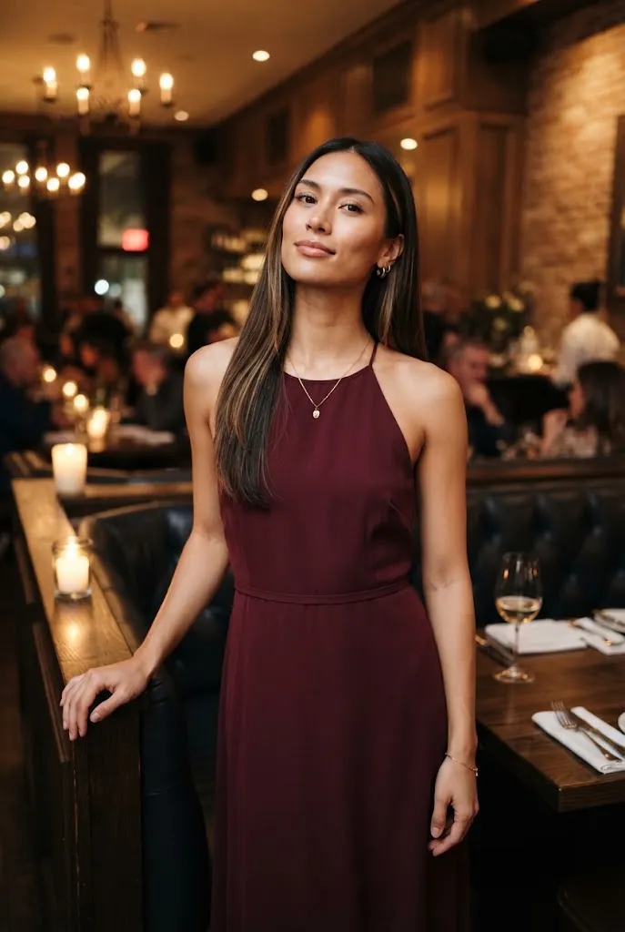 Burgundy halter dress styled for a birthday dinner