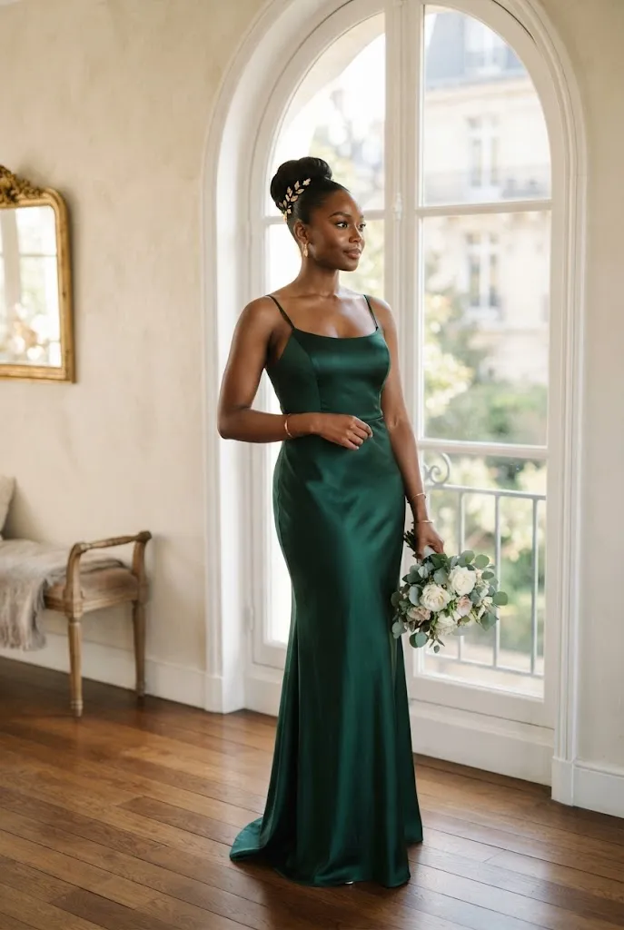 Tall bridesmaid in a satin spaghetti strap gown beside an arched window