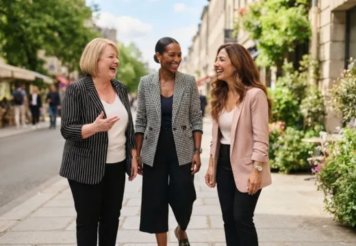 Three women over 50 wearing spring business casual outfits together outdoors