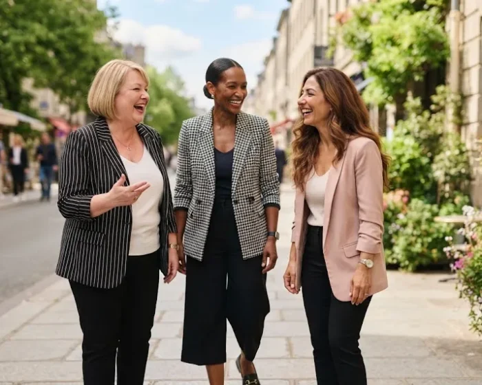 Three women over 50 wearing spring business casual outfits together outdoors