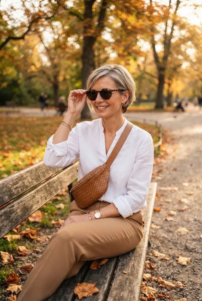 Woman seated on a park bench wearing camel trousers and a belt bag while adjusting her sunglasses