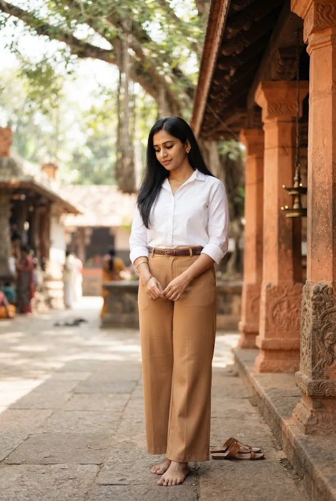 South Asian woman standing near orange temple pillars wearing camel trousers and a white blouse