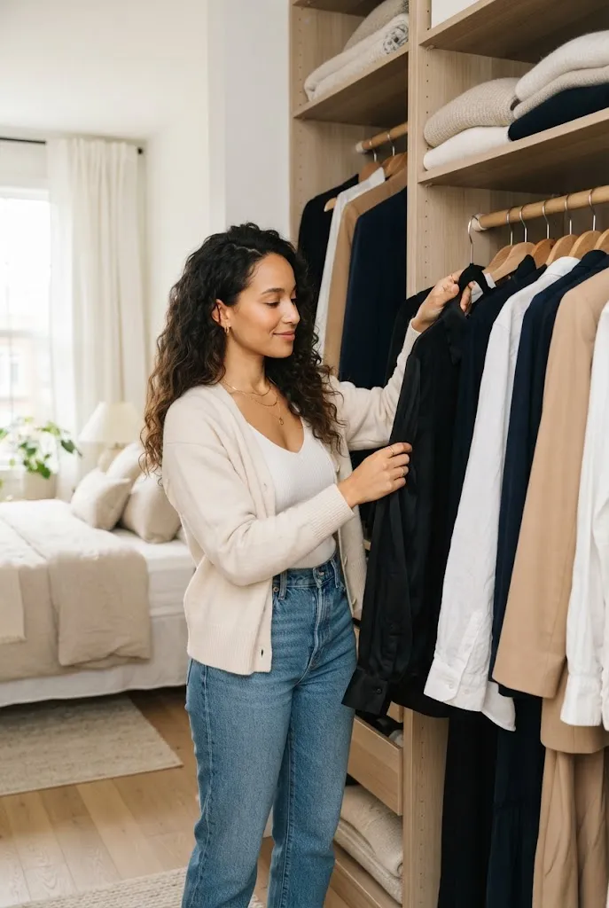 Woman with long curly hair organizing a neutral color palette of clothes in an open closet