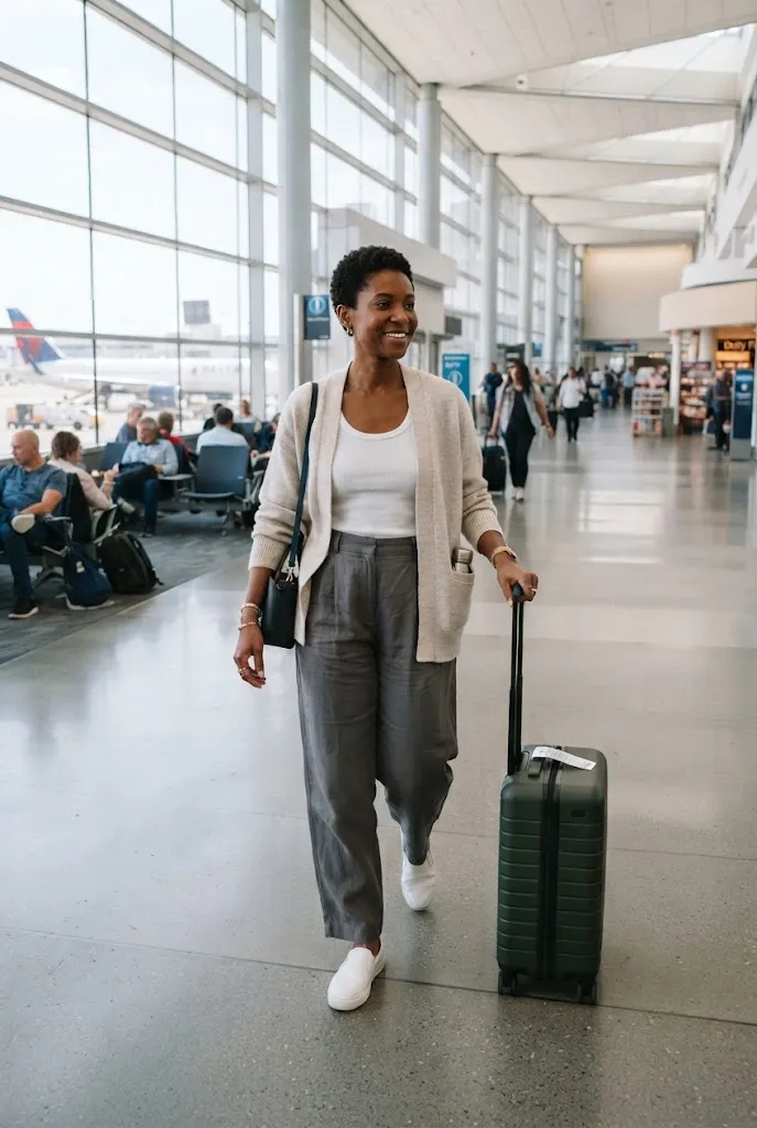 Woman with a short natural haircut walking through an airport in comfortable travel clothing