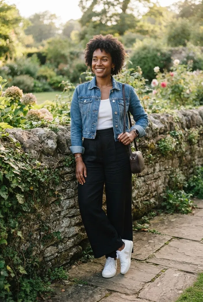 Black woman with curly afro wearing a cropped denim jacket and wide leg black pants in a garden setting