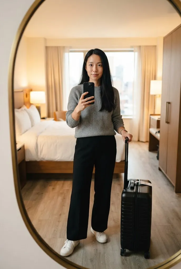 Woman taking a mirror selfie in a grey sweater and black trousers next to a carry on suitcase
