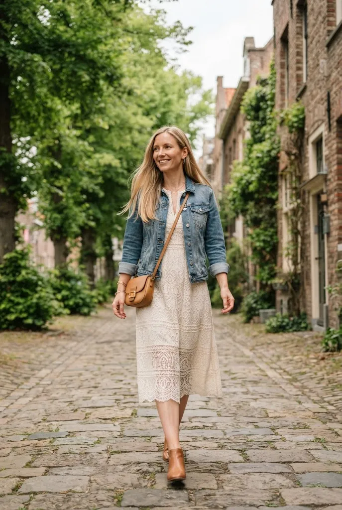 Blonde woman walking in a lace dress layered under a denim jacket on a tree lined path