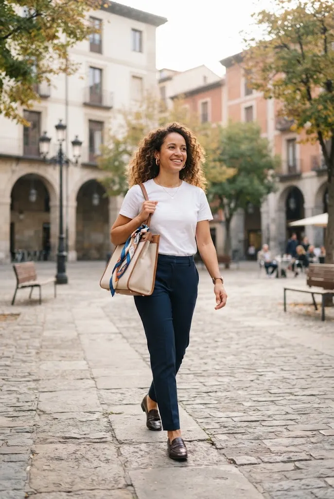 Woman with curly brown hair walking through a city plaza in navy trousers and a white tee