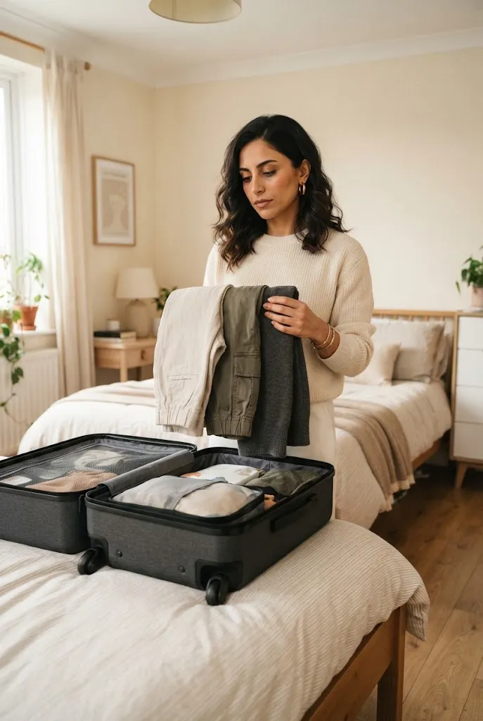 Woman holding three neutral pants over an open suitcase while packing for a trip