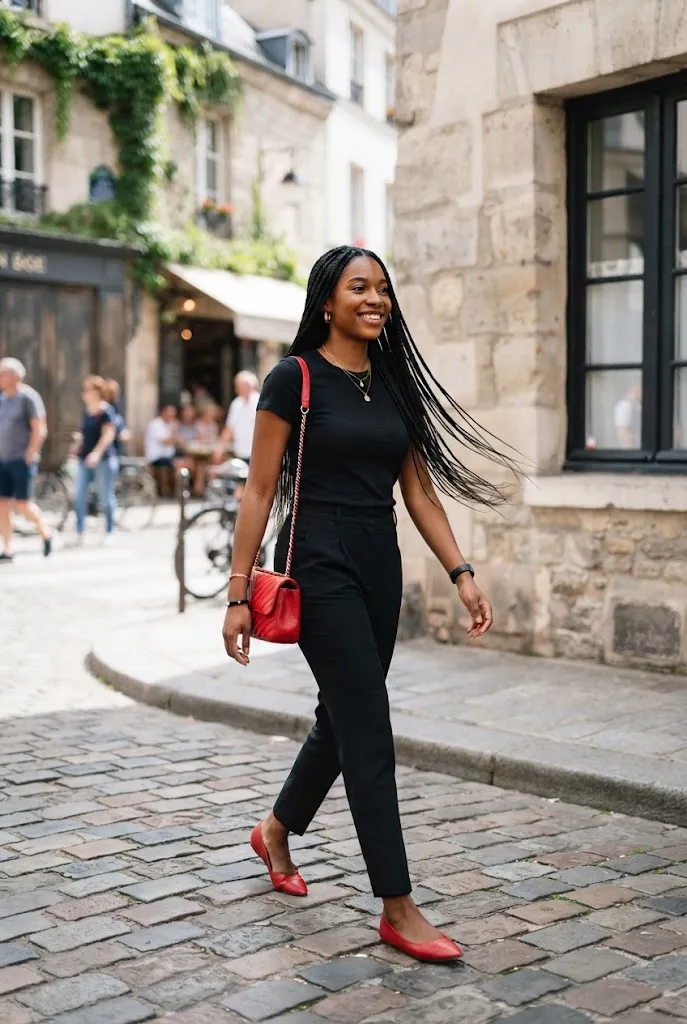 Black woman with braided hair walking on cobblestones wearing an all black outfit with red accessories