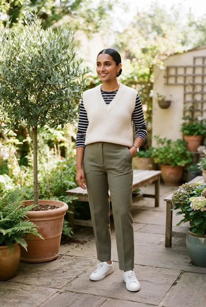 Woman with a low bun layering a striped top under a sweater vest on an outdoor patio