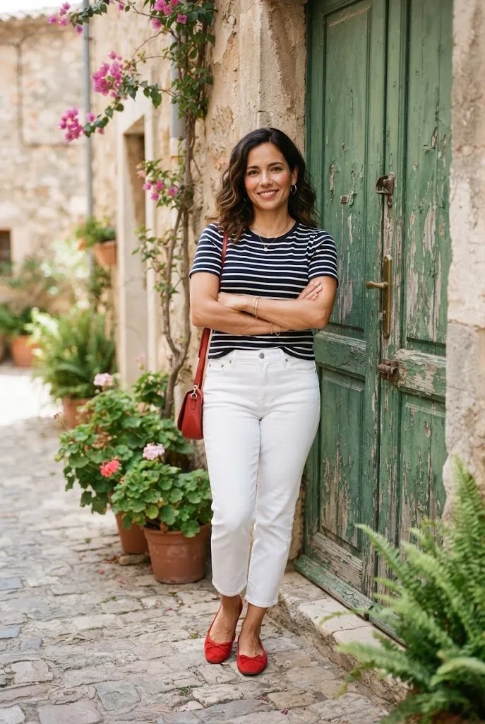 Latina woman leaning against a green door wearing a striped top with white jeans and red accessories