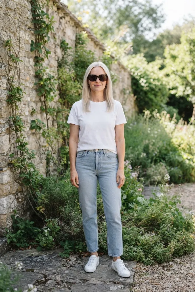 Close up of a woman with platinum blonde hair wearing oversized square sunglasses and a white tee