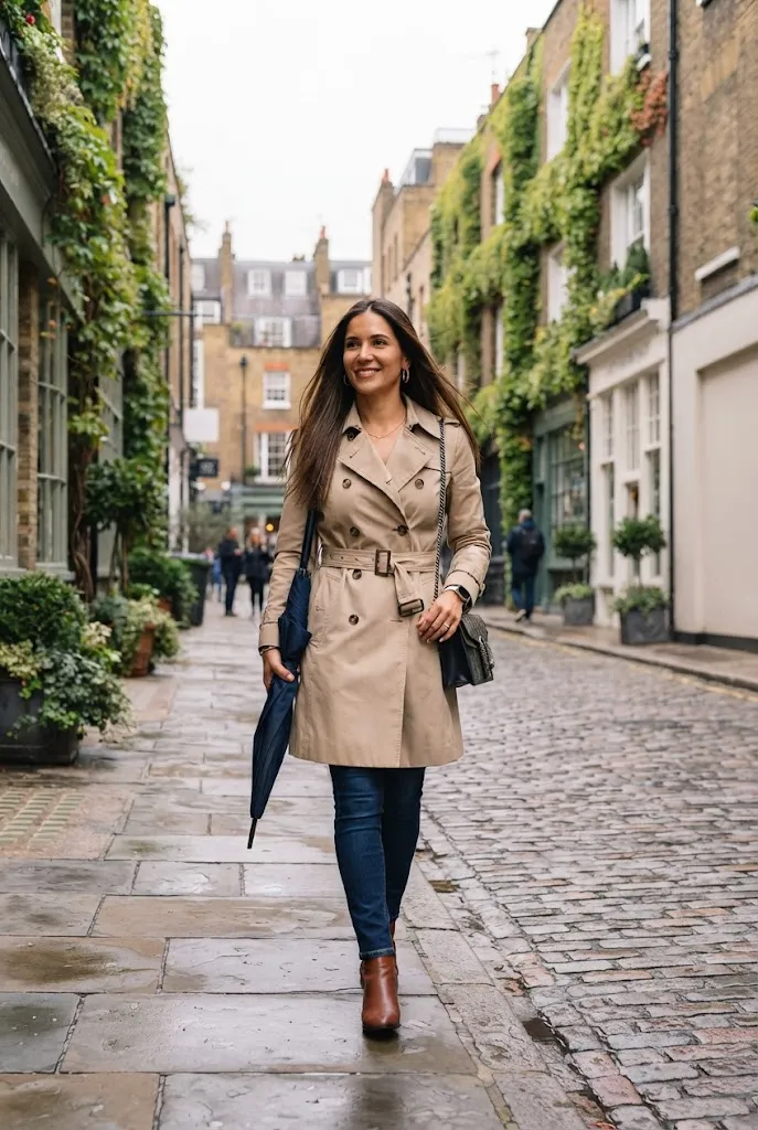 Woman in a belted beige trench coat walking down a European street with ivy covered buildings