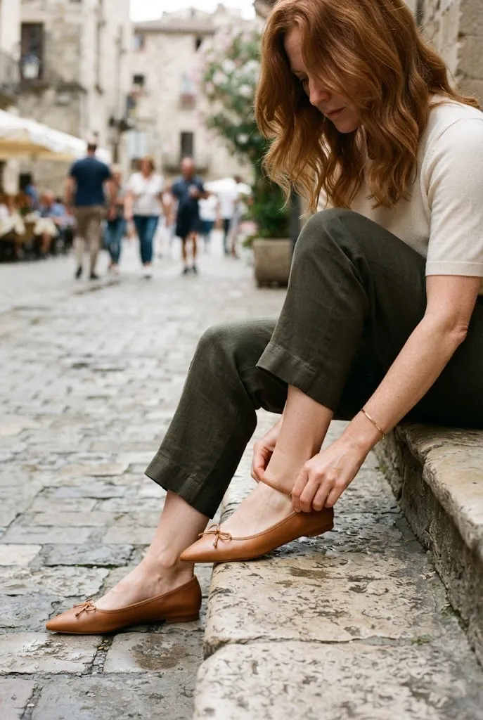 Woman with auburn hair adjusting a pointed flat shoe while seated on stone steps