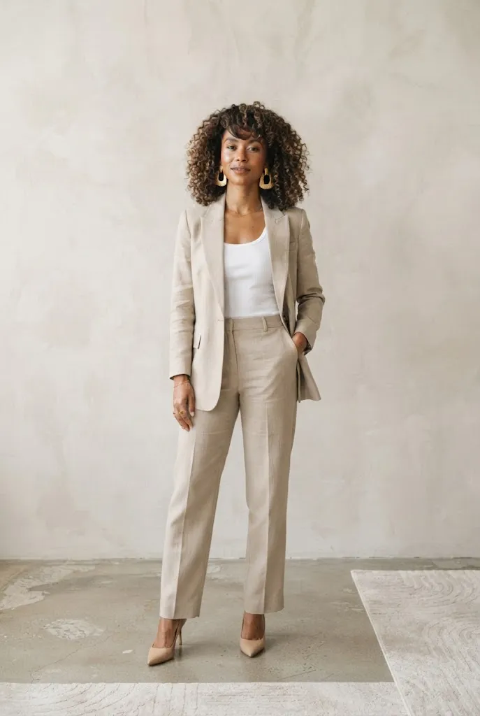 Black woman wearing a neutral beige suit with oversized gold statement earrings
