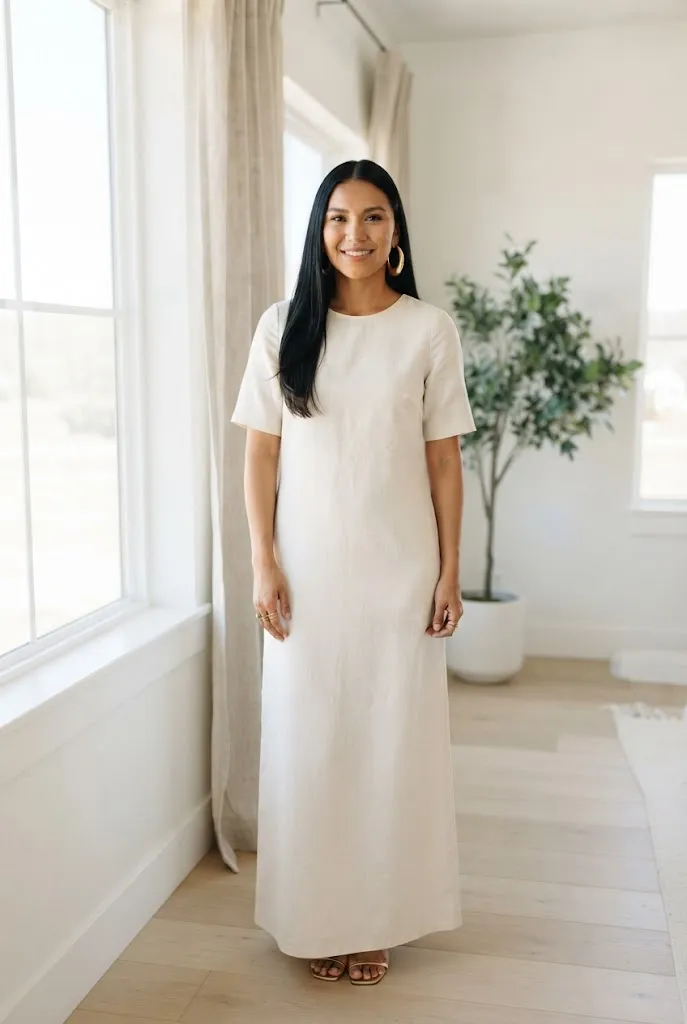 Young Native American woman wearing oversized gold hoop earrings with a plain cream dress