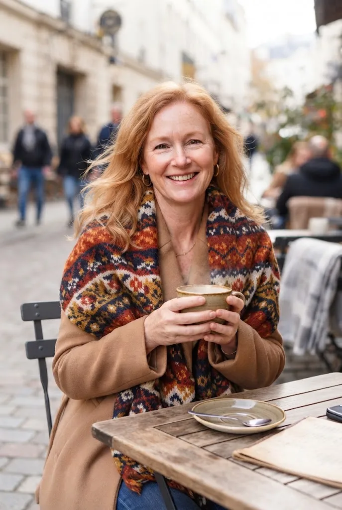 Woman over 50 wearing a statement scarf with a plain winter coat