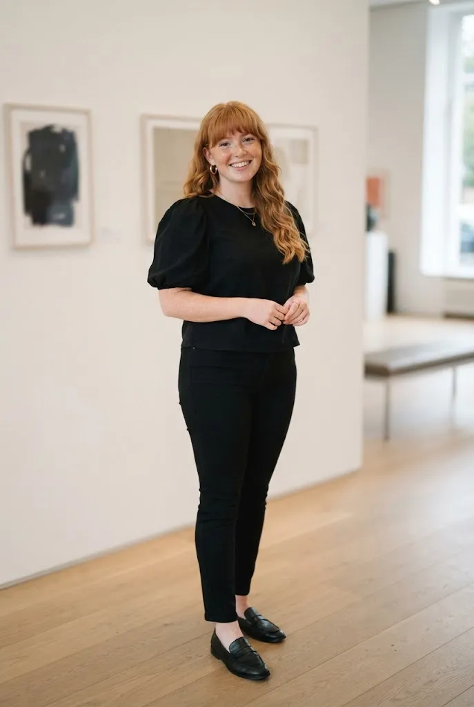 Curvy woman wearing a black puff sleeve top with slim pants