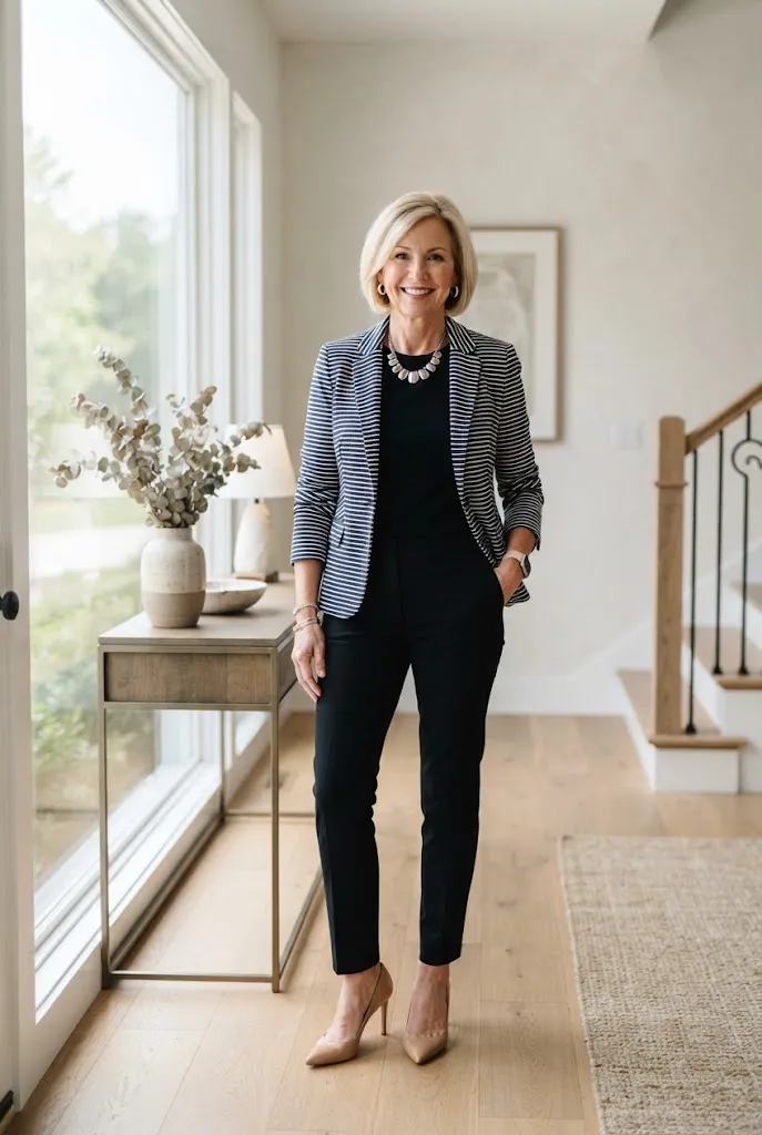 Woman over 50 wearing striped blazer with black trousers spring business casual outfit