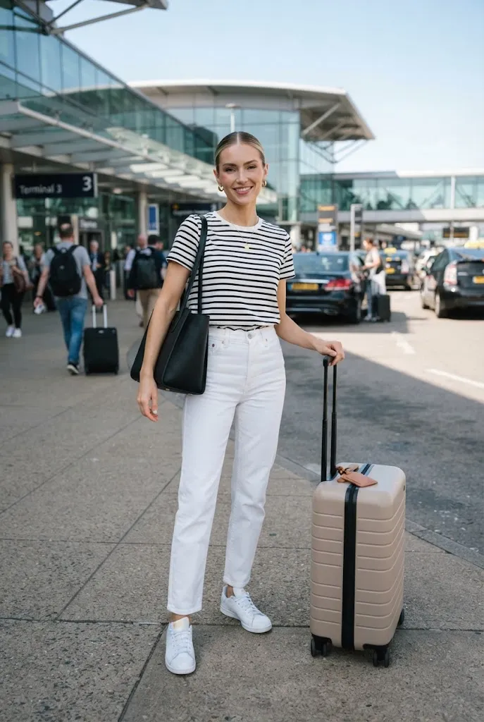 Striped tee and white trousers outfit idea for a long flight