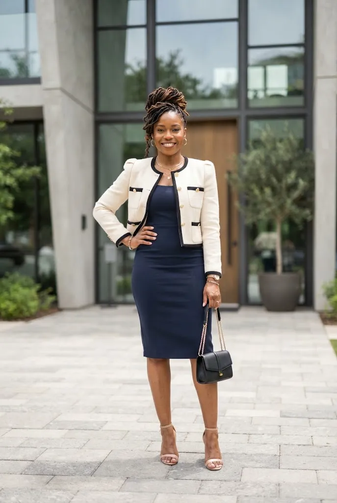Black woman with faux locs wearing a sheath dress and cropped blazer outside a building