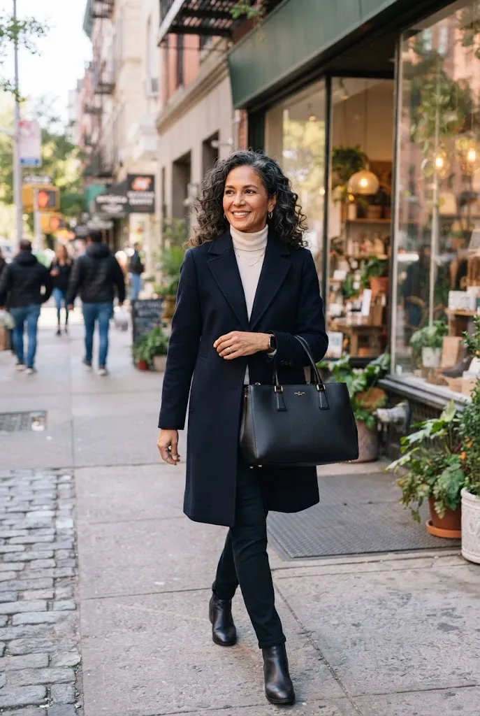 Woman over 50 carrying a structured handbag with a winter coat