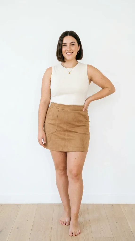 Curvy woman wearing a structured suede mini skirt outfit