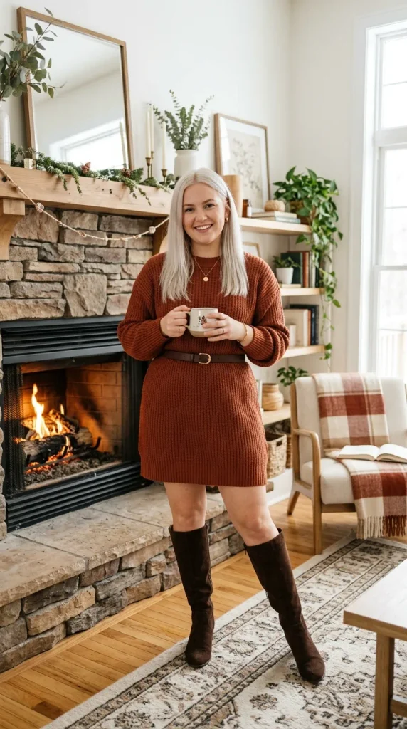 Curvy woman in a belted rust sweater dress with boots