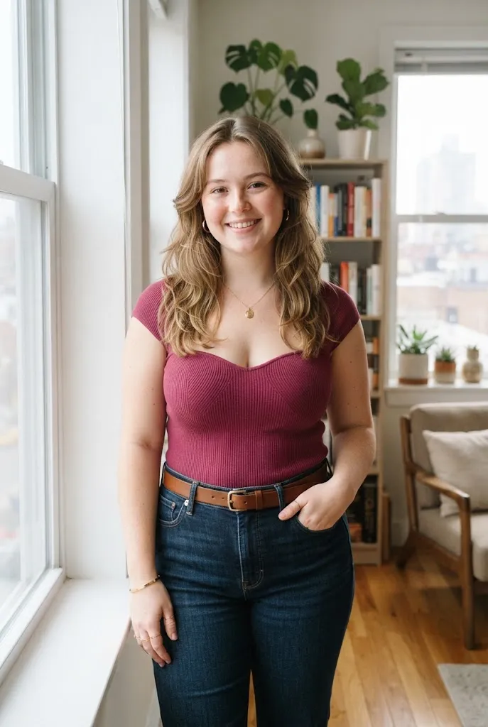 Curvy woman wearing a berry sweetheart neckline top