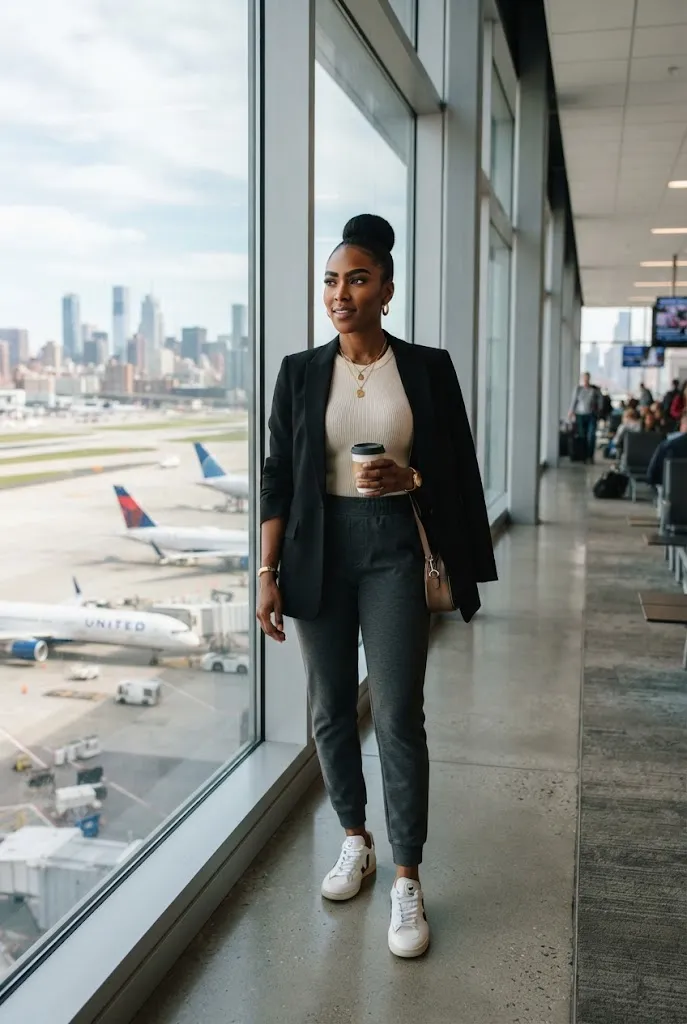 Tailored joggers styled as a polished long haul flight outfit