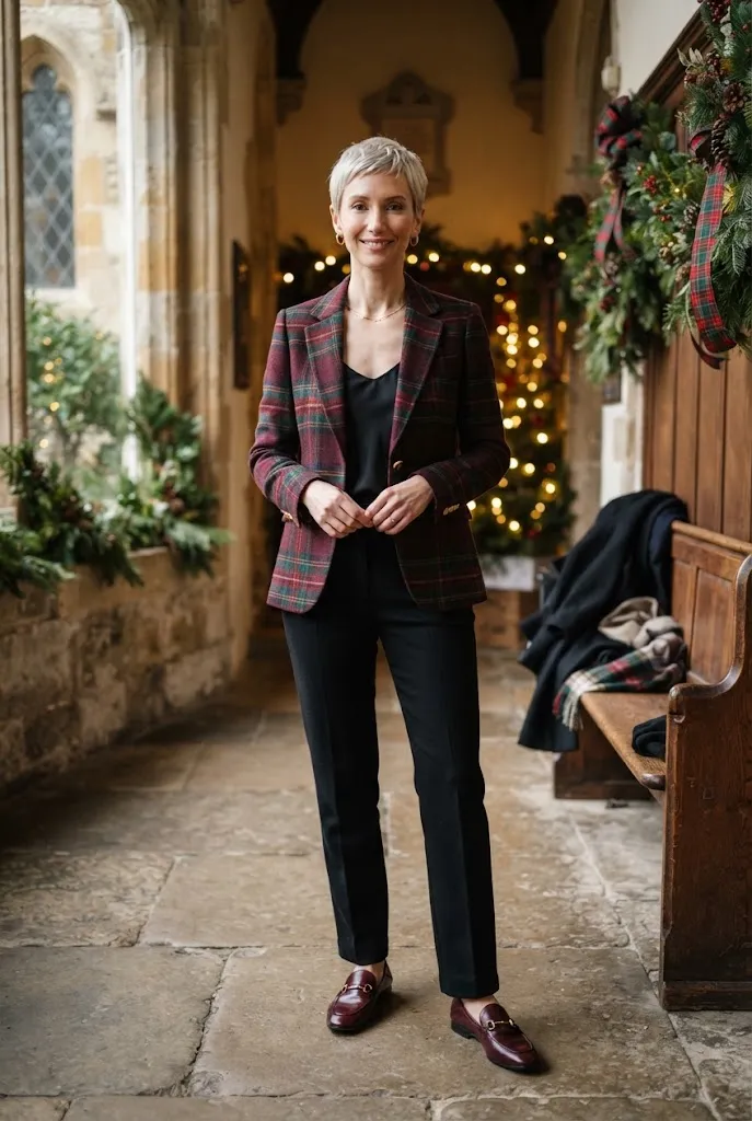 35-year-old woman in tartan blazer and black trousers at Christmas church