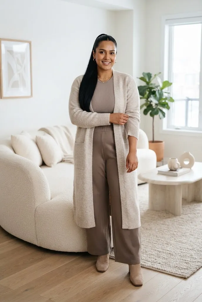 Plus size woman wearing polished taupe and mocha winter loungewear