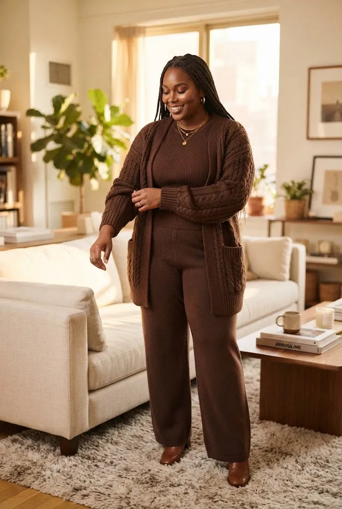 Plus size woman wearing a tonal chocolate brown winter lounge outfit
