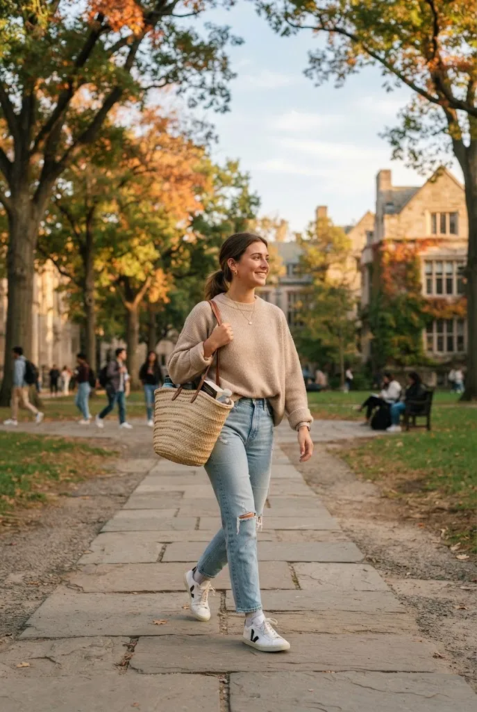 20 year old student carrying a tote bag as part of a first day of college outfit