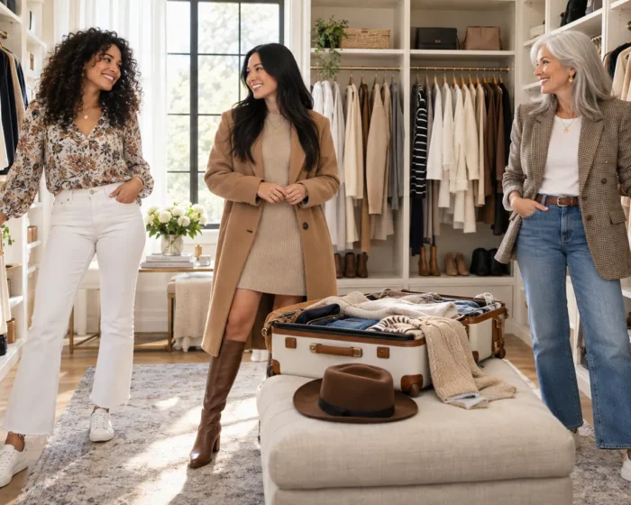 Three women in coordinated travel capsule wardrobe outfits standing in a bright closet