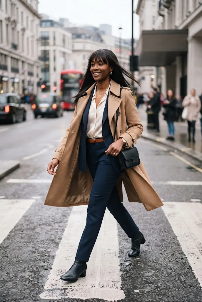 Black woman with straight hair wearing an open trench coat over a suit on a city street