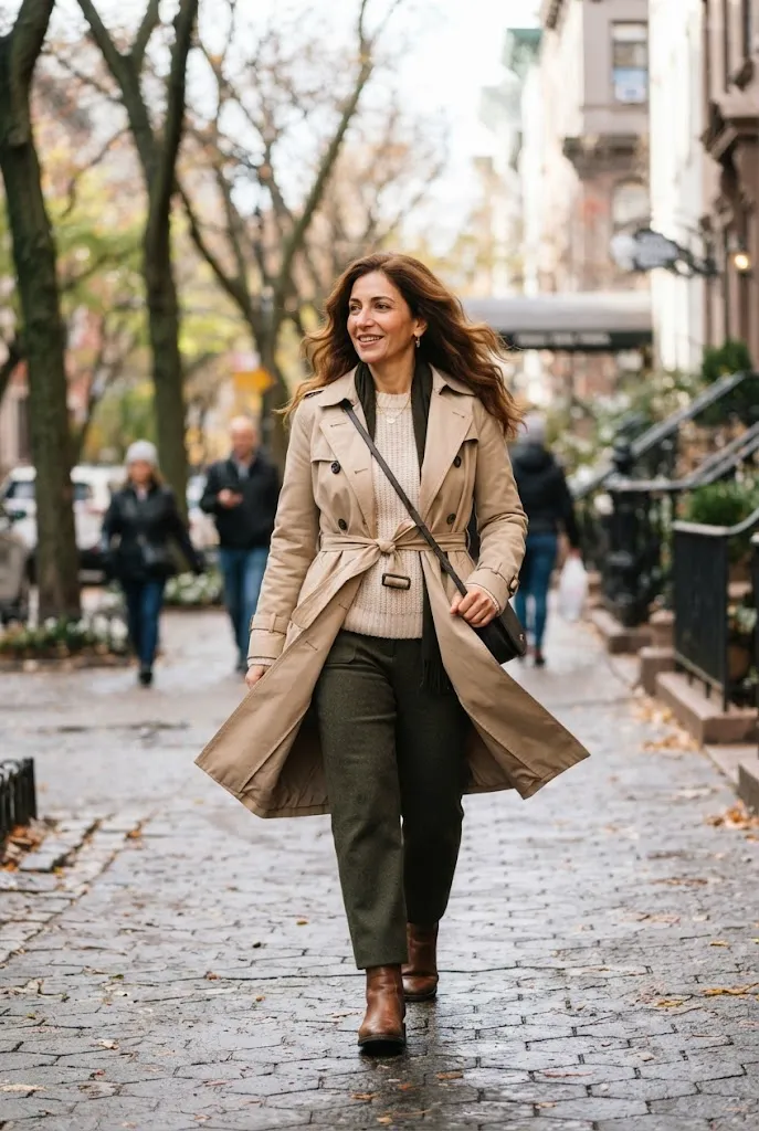 Woman over 50 wearing a trench coat over a sweater in winter