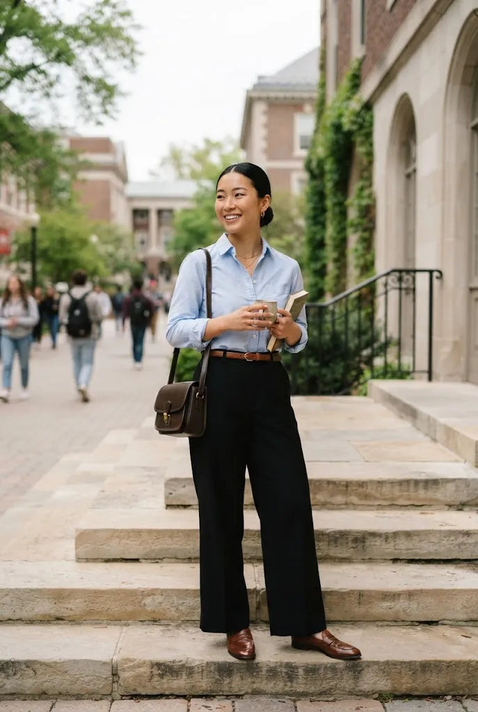 20 year old college student wearing trousers and a button down shirt for a polished school outfit