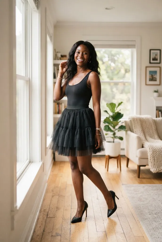 Woman in black tulle mini skirt and bodysuit birthday outfit
