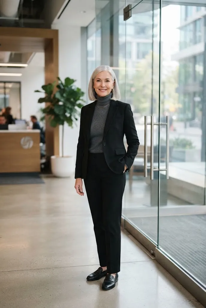 Woman over 50 styling a turtleneck with a blazer for winter