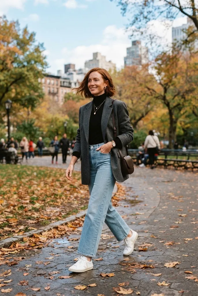 Woman over 30 layering turtleneck and oversized blazer with wide leg jeans
