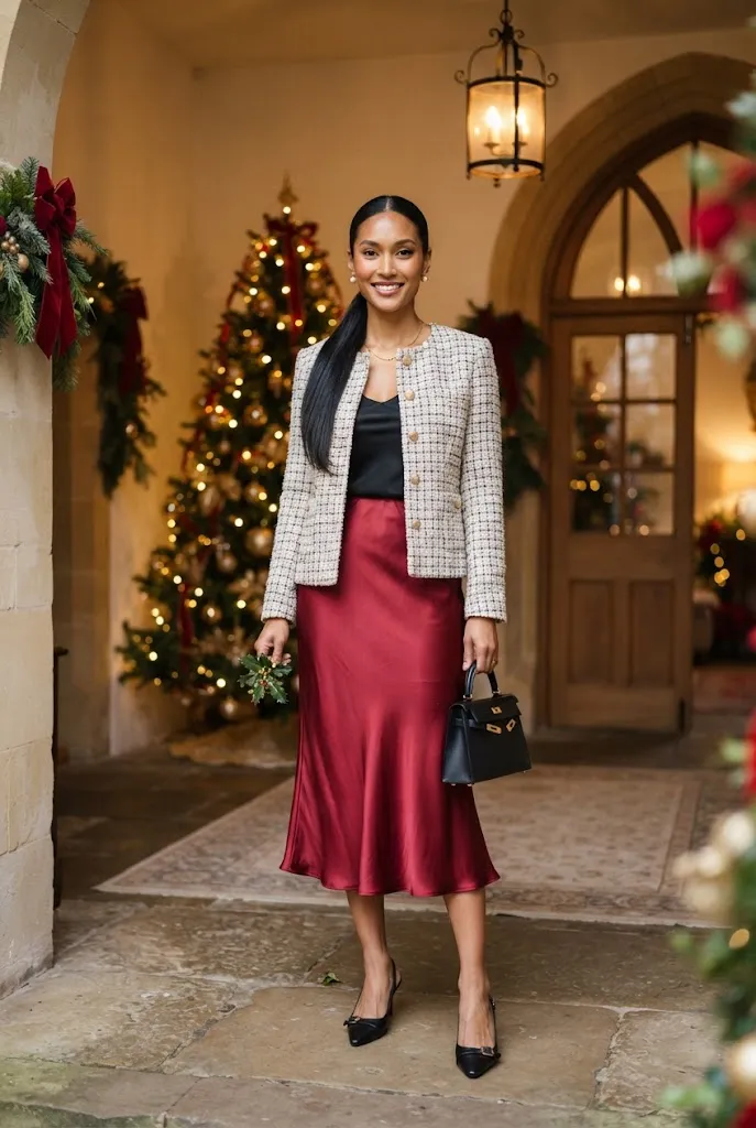 31-year-old woman in tweed jacket and deep red satin skirt at Christmas church