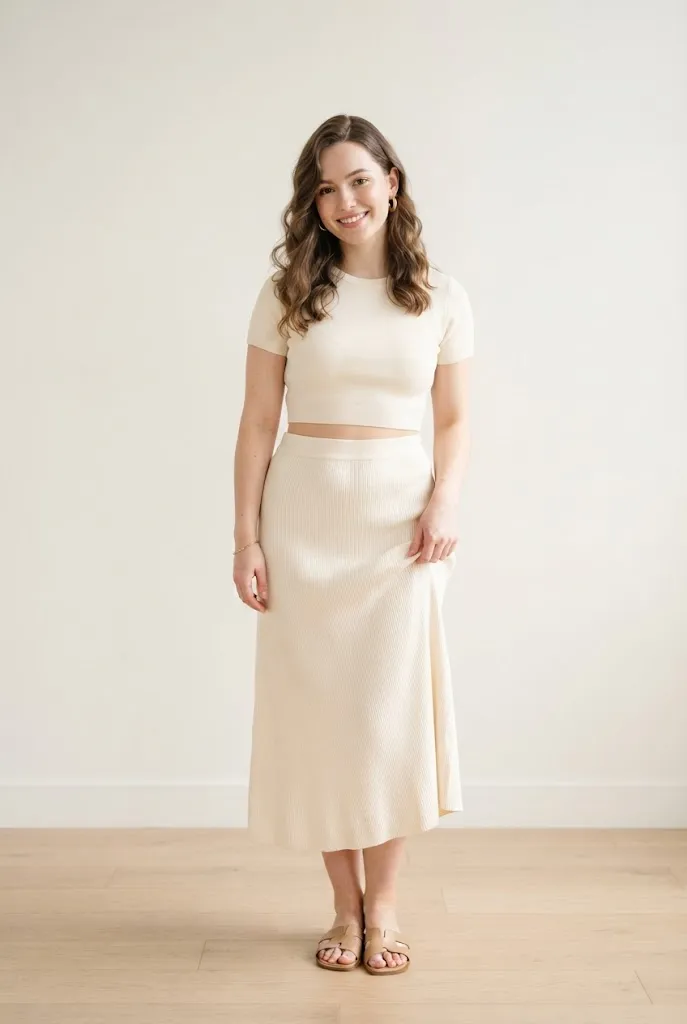 Curvy woman wearing a cream two piece crop top and skirt set