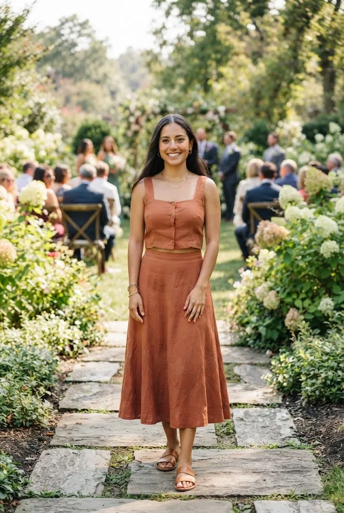 Young Latina woman wearing a matching terracotta two piece skirt set at an outdoor wedding
