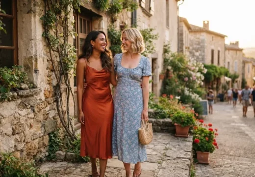 Two petite women in wedding guest dresses standing outdoors together