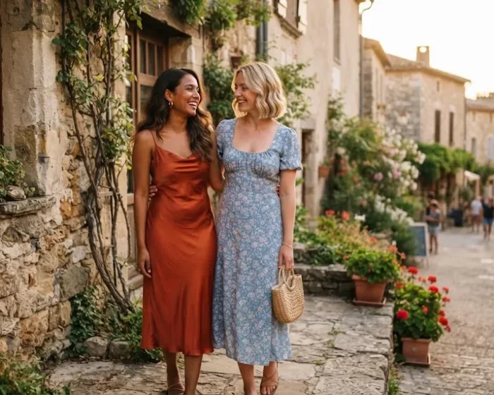 Two petite women in wedding guest dresses standing outdoors together