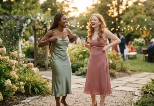 Two young American women in wedding guest outfits laughing together at a garden wedding venue